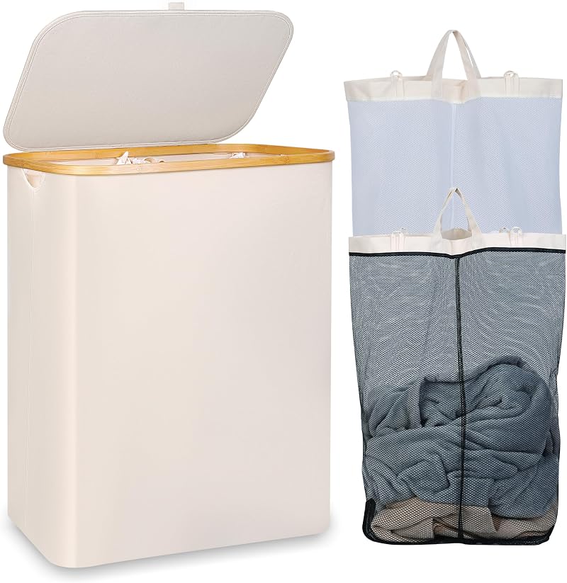 iEGrow 150L Extra Large 2-Compartment Laundry Basket with Lid Bamboo Handles