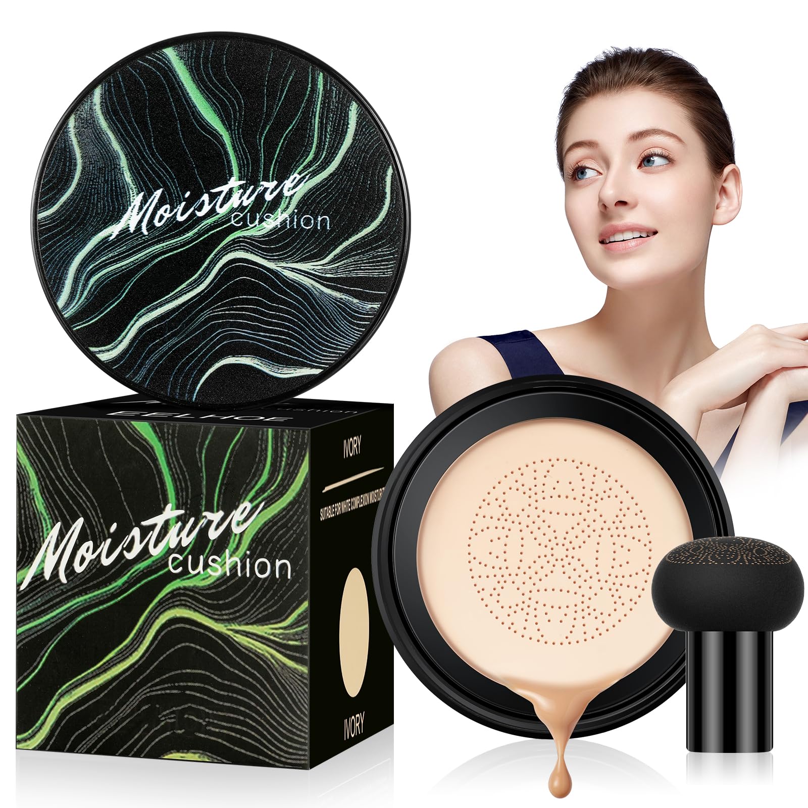Mushroom Head Air Cushion CC Cream, Beauty Mushroom Air Cushion CC Cream, Cushion Foundation Concealer Make Up for Face Neck, BB Cream Moisturising Brightening Even Skin Tone (Ivory White) — image 1