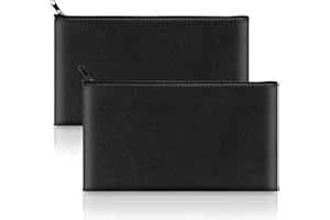 HOINY 2 Pack Money Bags with Zipper, 11x6.1 Inch PU Leather Cash Pouch, Secure Bank Bag for Coins, Bills, Checks, Invoices, Cosmetics, Tools (Black)