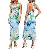 OVGEOU Women Summer Halter Neck Maxi Dress Sleeveless Backless Ruched Tie Casual Beach Vacation Party Bodycon Long Dresses