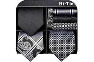 Hi-Tie 3 Pcs Gift Box Mens Tie Set Necktie with Pocket Square Cufflinks Lapel Pin Silk Neck Tie Collection
