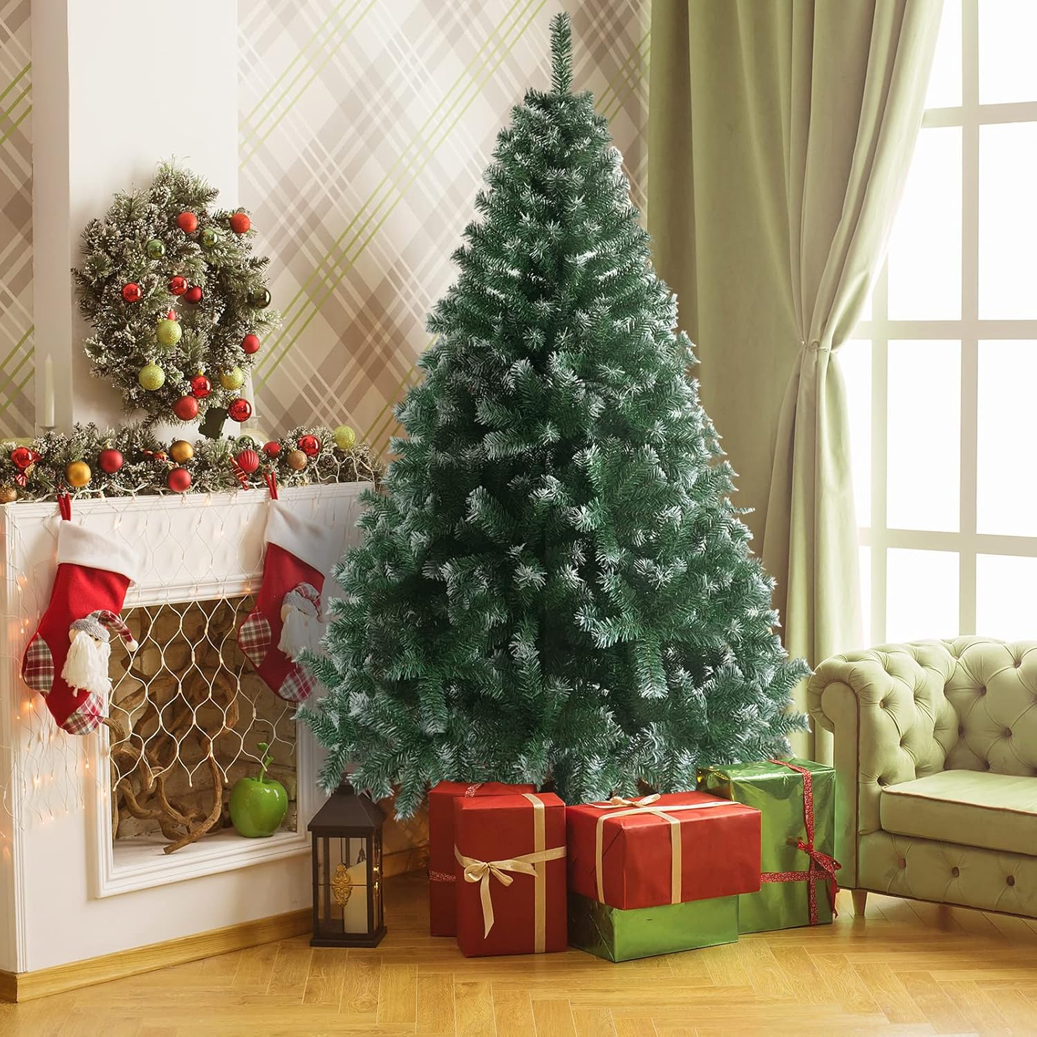 Trees - Karl home 6FT Partially Flocked Green Spruce Christmas Tree, 812 PVC Branch Full Christmas Tree for Home, Office, Party Holiday, Metal Hinges & Foldable Large Base
