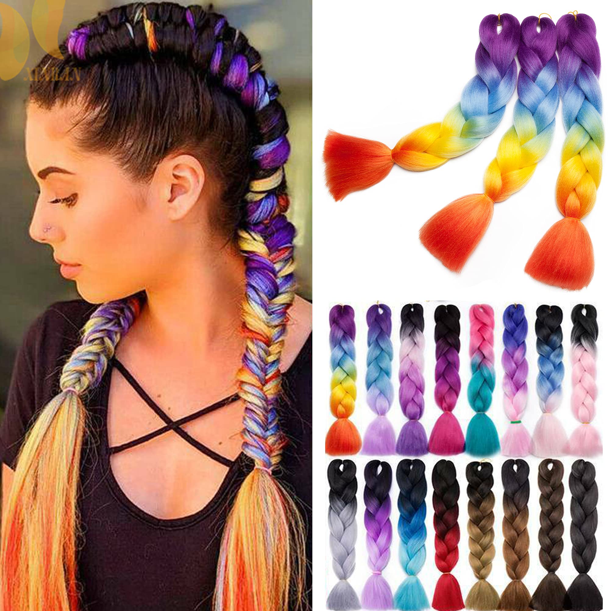 Jumbo Braiding Hair Extensions Colorful Synthetic Hair for DIY Crochet Box Braids Ombre 1Pc 24inch Three Tone Purple to Blue to Yellow to Orange