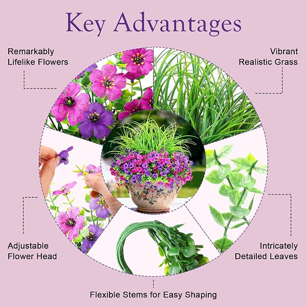 ARTIFICIAL FLOWERS FOR OUTDOORS UV RESISTANT, 14 BUNDLES FAKE PLANTS REALISTIC SILK FLOWERS WITH FAUX FERNS FOR OUTSIDE PLANTERS HOME PORCH PATIO GARDEN BACK YARD SPRING SUMMER DECORATION