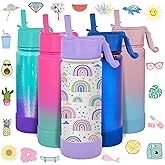 CHILLOUT LIFE 17 oz Kids Insulated Water Bottle for School with Straw Lid Leakproof and Cute Waterproof Stickers, Personalized Stainless Steel Thermos Flask Metal Water Bottle