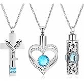 shajwo 3 Pack Urn Necklace for Ashes for Women Gilrs Heart Cross Cylinder Cremation Jewelry for Ashes Memorial Keepsake Birthstone Pendant