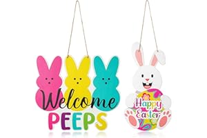 L1rabe Easter Welcome Door Signs - 2Pcs Welcome Peeps Easter Bunny Wooden Front Hanging Door Sign Decorations Spring Colorful Rabbit Indoor Outdoor Farmhouse Porch Wall Fireplace Decor Spring Gifts