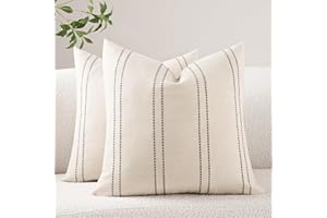 HOMFINER Decorative Throw Pillow Covers 18x18 Inch Set of 2 Linen Striped Accent Neutral Beige Farmhouse Square Cushion Cover