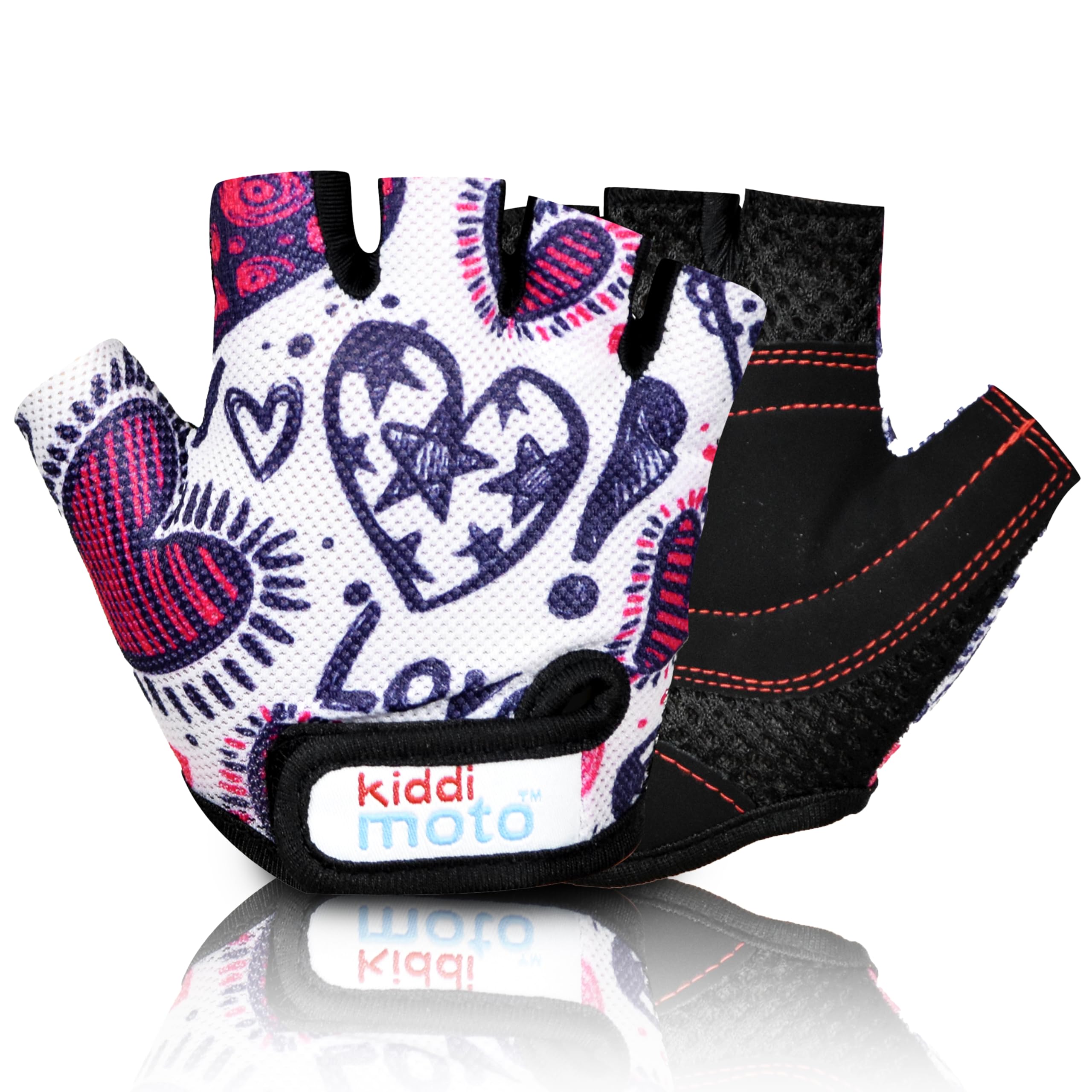 Kiddimoto Love Anti Slip Kids Bike Gloves For Kids Boys & Girls Best Toddler Bike Gloves Ages 2-8 Fingerless Cycling Gloves For Youth Sports Like Mtb, Bmx Dirt Biking, Mountain Bike Riding, Skates