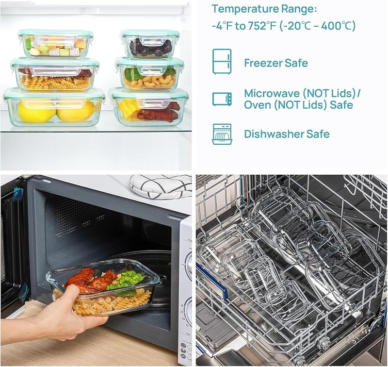 Vtopmart conjunto de 8 unidades recipientes de vidro para alimentos, recipientes de vidro herméticos com tampa, reutilizável, empilhável, máquina de lavar louça e cofre de micro-ondas, livre de BPA