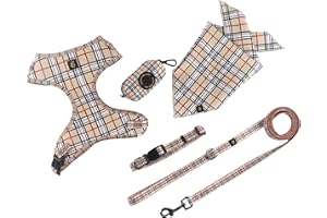 EVERYTHING CHIC Adjustable Dog Harness, Leash, Poop Bag Holder/Dispenser and Bandana Set, No Pull, Soft Mesh Padded, for Small/Medium Dogs Outdoor Walking/Running (Small, Furberryplaid)