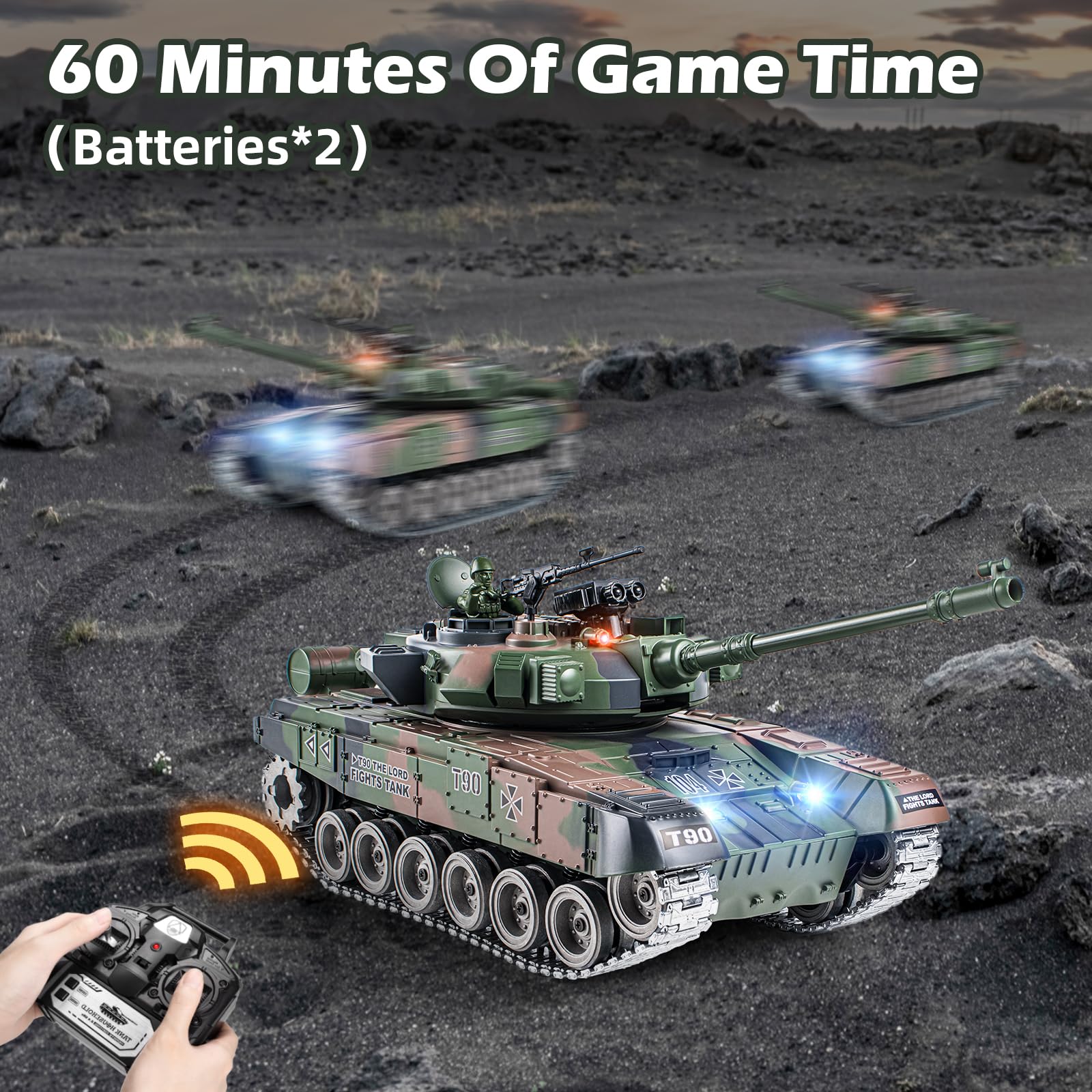 Supdex RC Tank, 1:18 RUS T-90 Alloy Metal Remote Control Model Army Toys, 2.4Ghz Military Tank with Smoke, Sound and Lights, RC Vehicle That Shoots BBS and Water Bombs for Adults and Kids