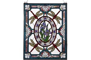 Bieye W10031 Dragonfly Iris Flower Tiffany Style Stained Glass Window Panel with Chain, Rectangular Shape, 19" W x 25" H