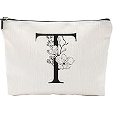 Birthday Gift Make Up Bag, A-Z Minimalism Monogrammed Botanical Alphabet Toiletry Bag, Floral Personalized Cosmetic Bag, Zipper Pouch, Travel Bag, Gifts For Women, Mom, Bridesmaid Gifts (T)-A20