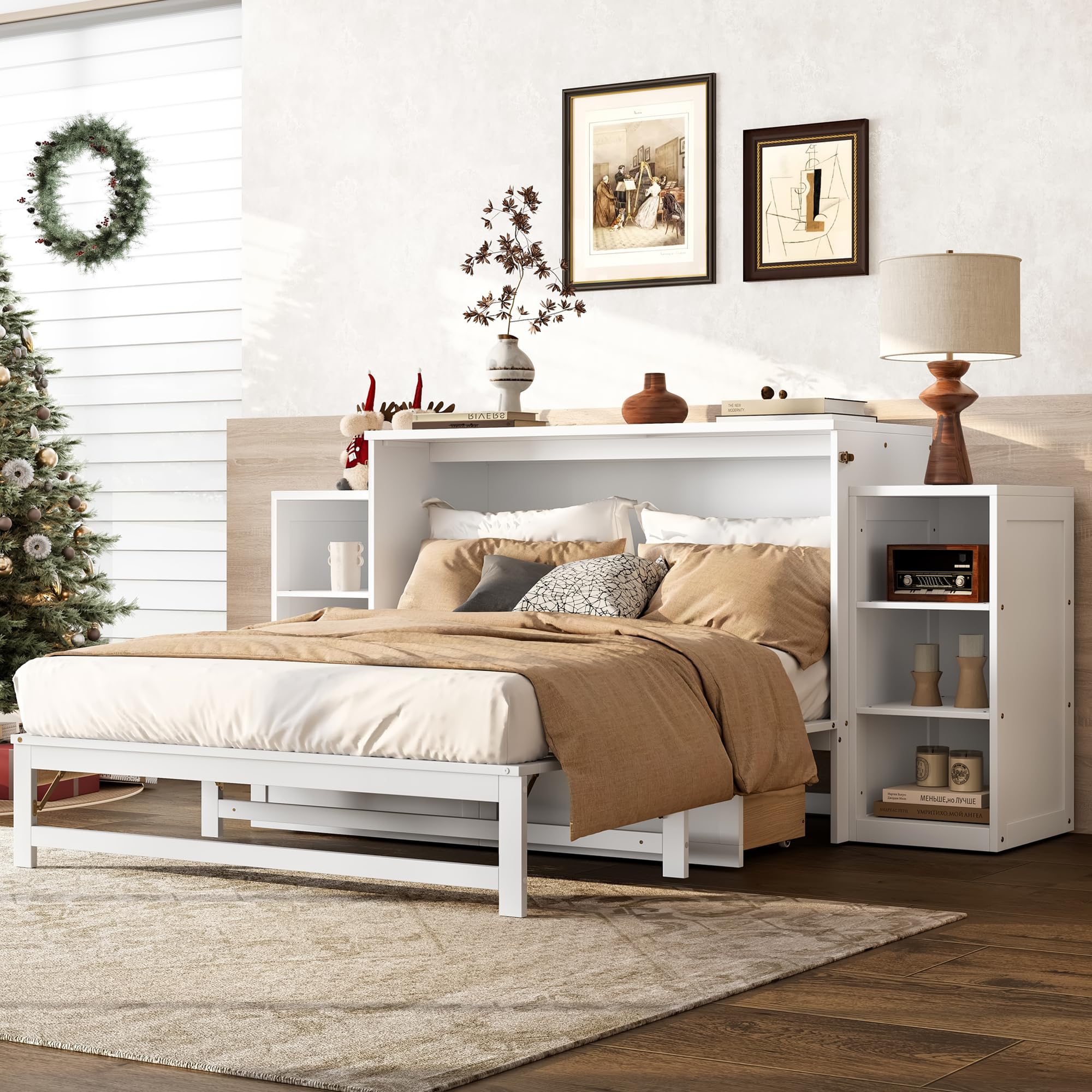 Photo 1 of **missing pieces DNYN Pine Wood Murphy Bed Cabinet with Dual Multi-Layers Shelves and 2 Storage Drawers for Guest Room/Home Office, Space-Saving Foldable Bed Frame, No Box Spring Needed