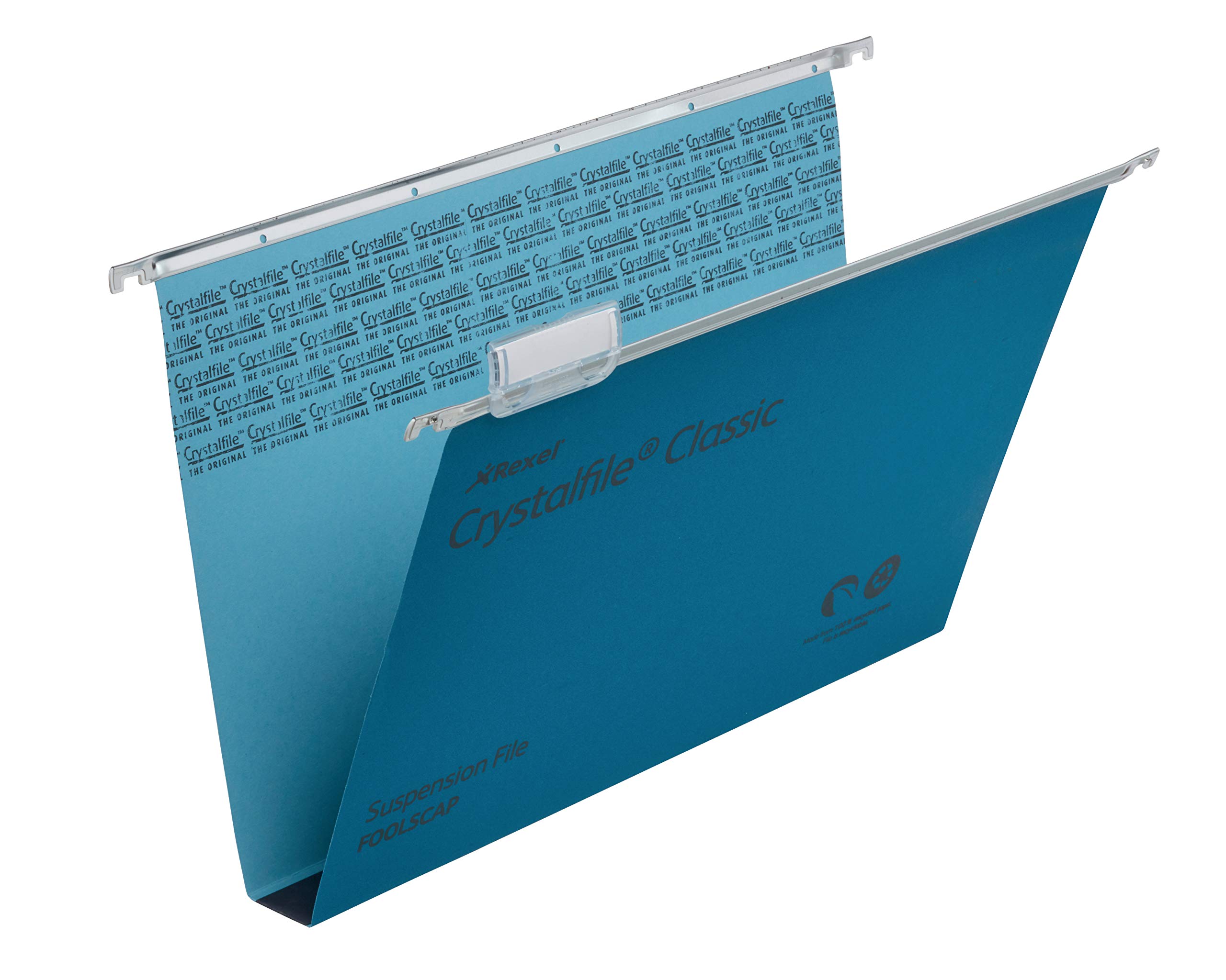 Rexel Foolscap Suspension Files with Tabs and Inserts for Filing Cabinets, 30 mm base, 100 Percent Recycled Manilla, Blue, Crystalfile Classic, Pack of 50, 70625