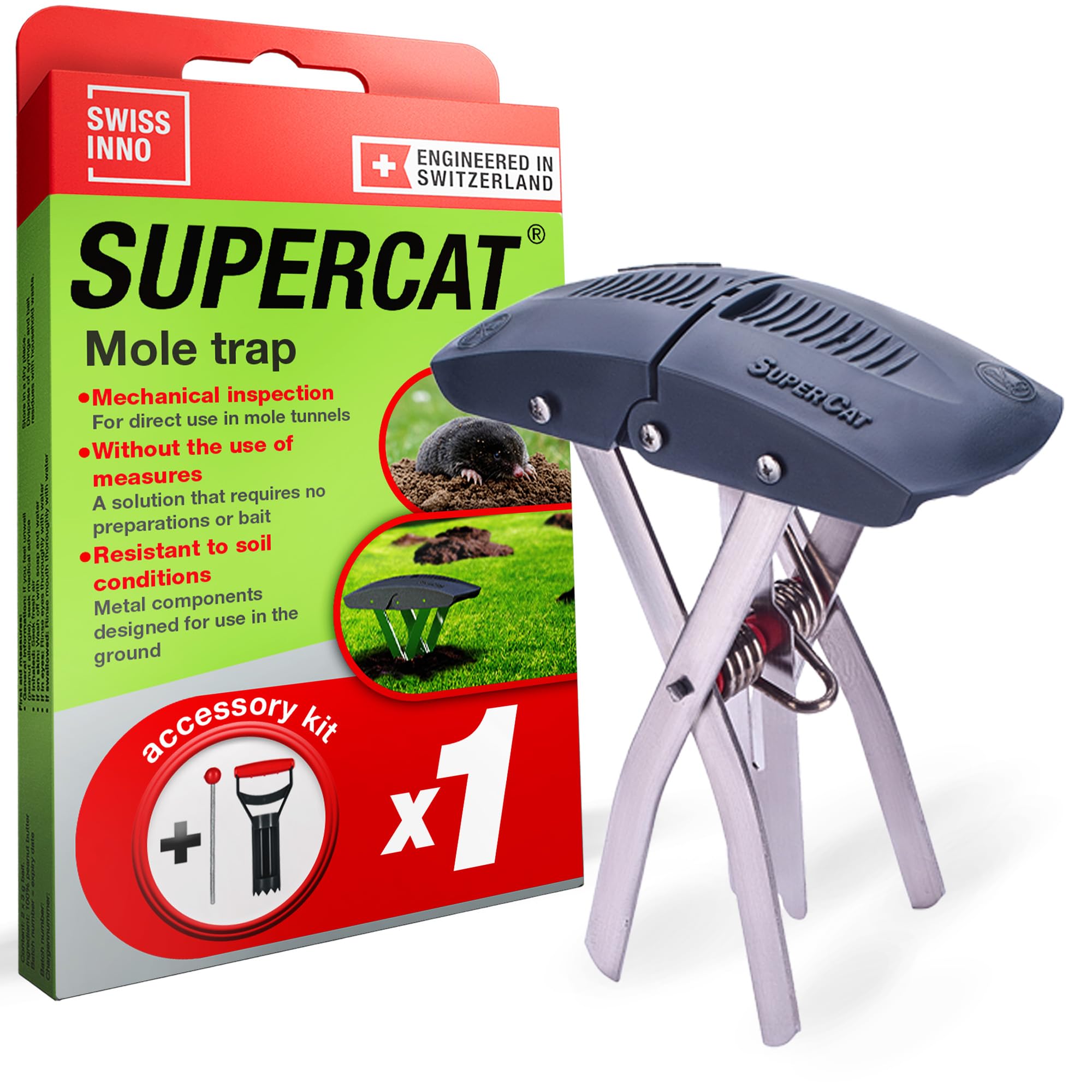SWISSINNO SuperCat Mole Trap with Accessories – Proven Mole Traps That Work – Professional Mole Catching Kit with Metal Tunnel Probe & Soil Cutter – Mechanical Mole Catcher for Gardens & Fields