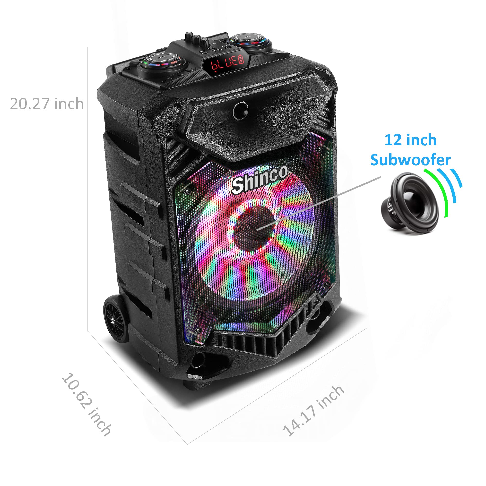 Shinco Bluetooth Karaoke Speaker, 12-inch Subwoofer PA System, Portable Karaoke Machine with Wireless Microphone, Flashing Party Light