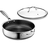 HexClad Hybrid Nonstick 3.3-Quart Deep Sauté Pan with Tempered Glass Lid, Stay-Cool Handle, Dishwasher-Friendly, Oven-Safe Up