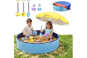 Large Sand Box Set with Lid Cover & Umbrella, Including 7Pcs Sand Toys for Kids Toddlers, 39Inch Big Portable Sandpit for Out