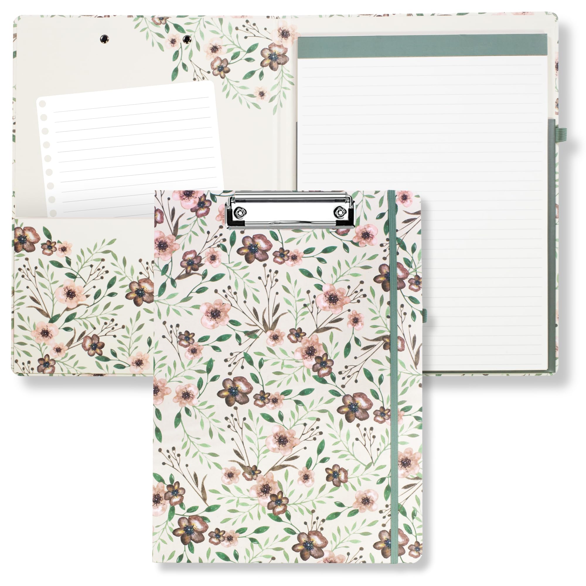 Steel Mill & Co Cute Clipboard Folio with Refillable Lined Notepad and Interior Storage Pocket, Padfolio for Work, Woodland Floral