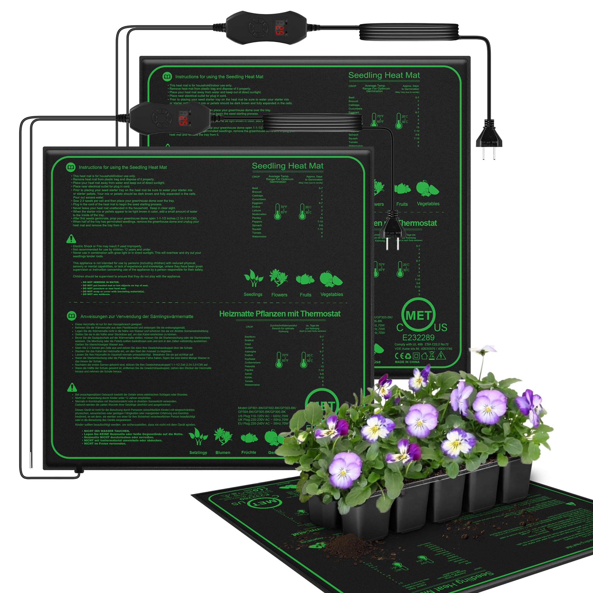 Mojimdo 70W Heating Mat Plants with Thermostat - Quick Heating, Fire Protection, Heat Mat for Germination and Temperature Regulation, Ideal for Seedlings, Pets and Reptiles-50 * 50cm(2 Pack)