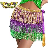 Mardi Gras Fringe Skirt, Mardi Gras Sequin Skirt Outfit for Women Sparkly Costume Set Belly Dance Hip Scarf Skirt for Girls Parade Party Supplies Multi