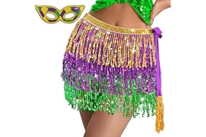 HIKKCOS Mardi Gras Fringe Skirt, Mardi Gras Sequin Skirt, Mardi Gras Outfit for Women Sparkly Costume Set Belly Dance Hip Scarf Sparkle Skirt for Girls Mardi Gras Parade Party Supplies Multi