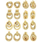 Wrlcorly 8 Pairs Gold Knot Earrings for Women Geometric Twisted Long Link Drop Dangle Earrings Lightweight Chunky Statement Earring Stud Jewelry Gifts