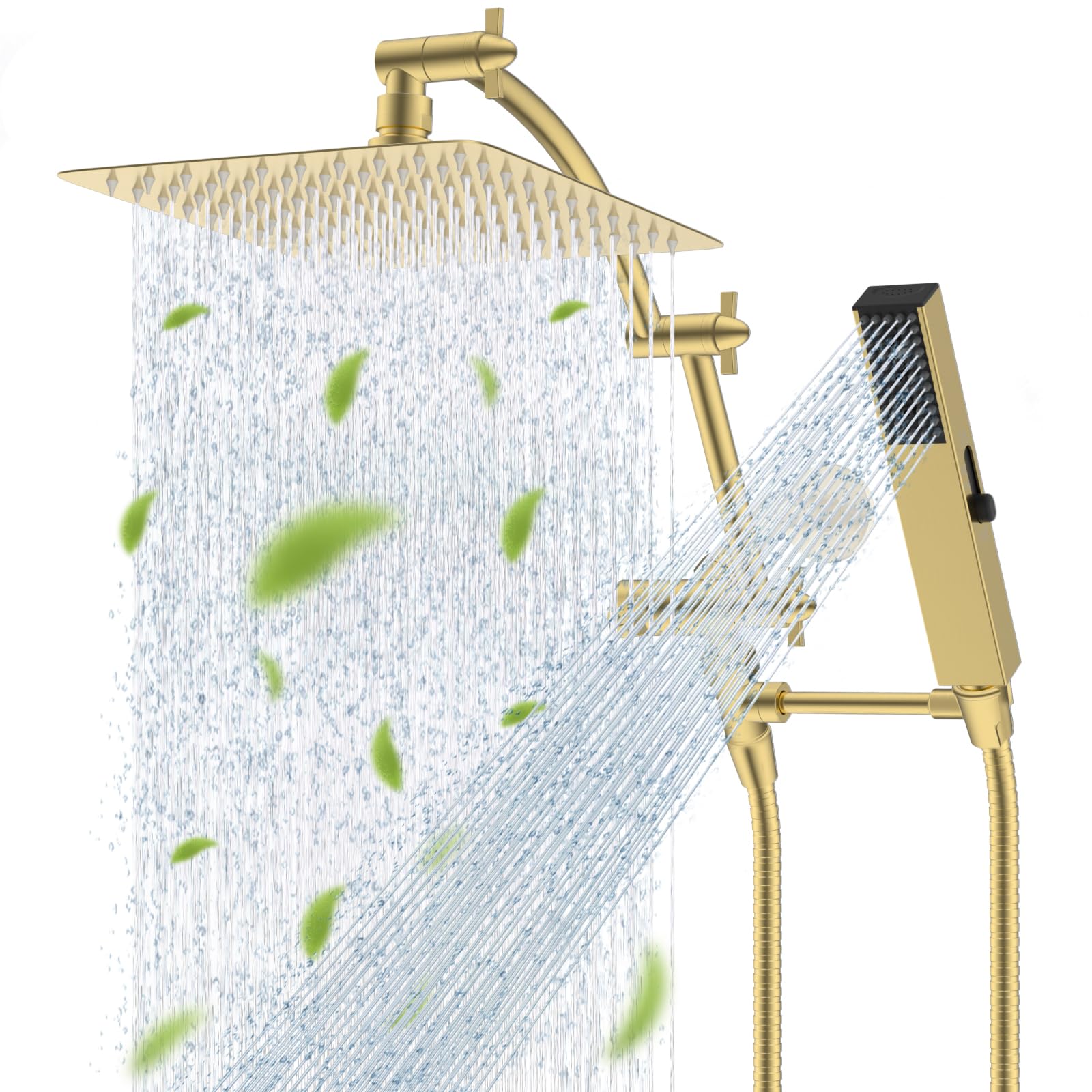 Photo 1 of Hibbent All Metal CUPC Certified 10'' Rain Shower Head, Dual Shower Head Combo, High Pressure Handheld 4 Sprays Shower Wand, 16'' Adjustable Extension Arm, 71'' Hose, Shower Holder, Brushed Gold