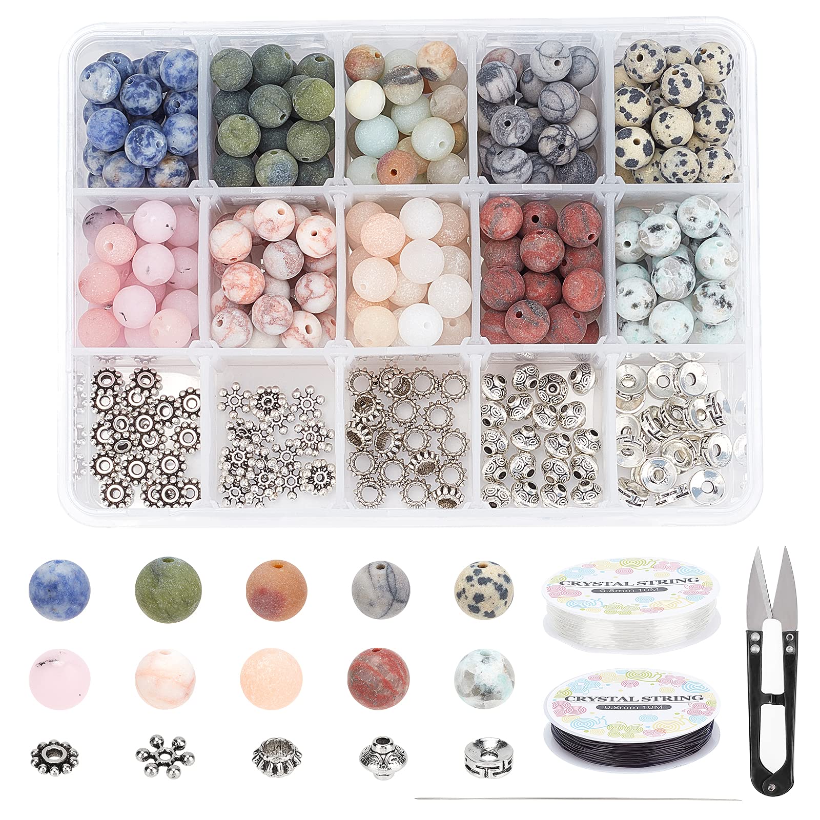 SUNNYCLUE 1 Box 350Pcs+ Stone Beads Box Set Kits 10 Material 8mm Gemstone Round Beads 5 Styles Alloy Spacer Beads & Crystal Thread & Scissors for DIY Making Bracelets Necklaces Keychains
