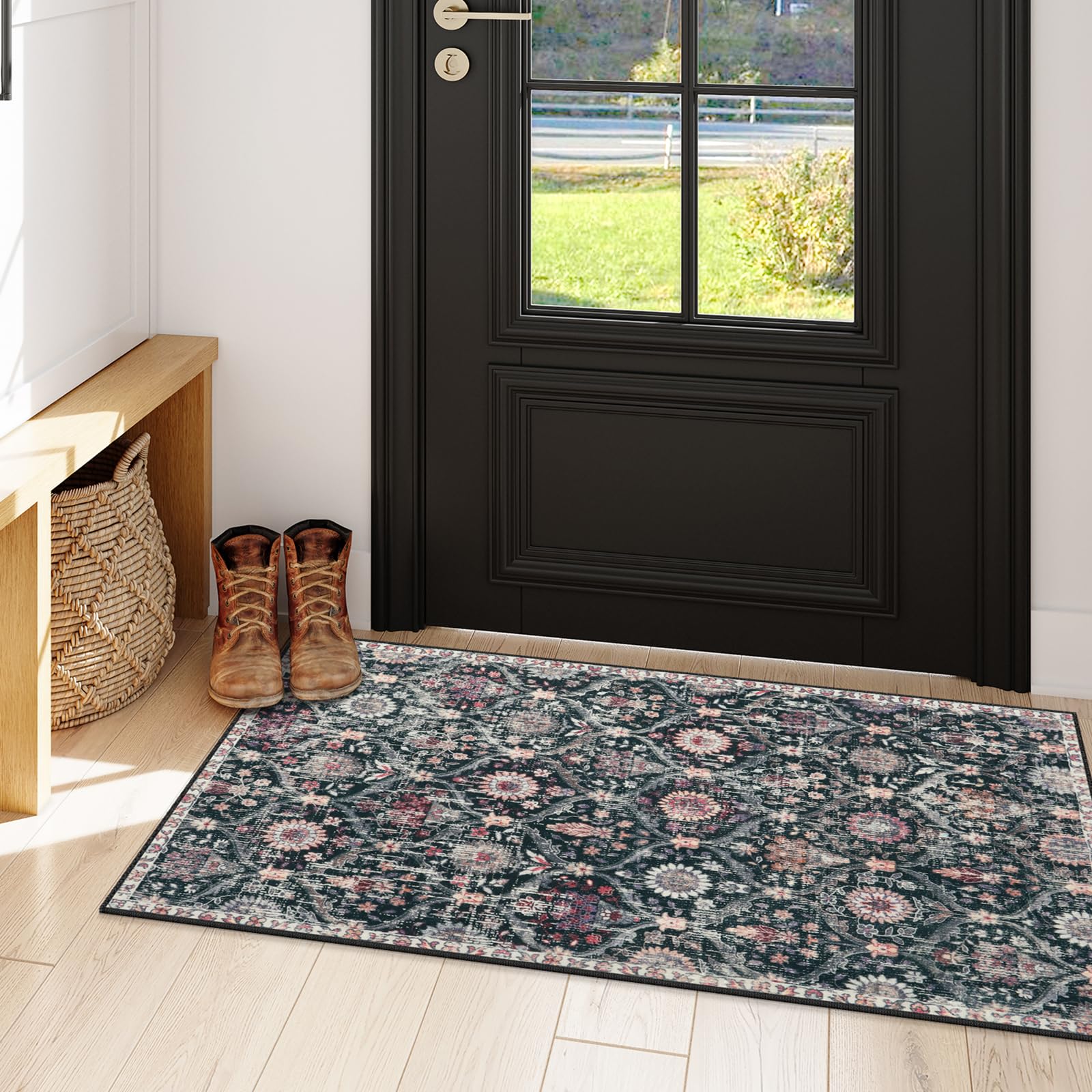 Photo 1 of Lahome Kitchen Rugs Non Slip Washable Rugs for Entryway, 2x4 Rug Non-Slip Moroccan Trellis Ultra-Thin Indoor Door Mat Small Carpet for Bathroom Bedroom Entry, Black/Multi