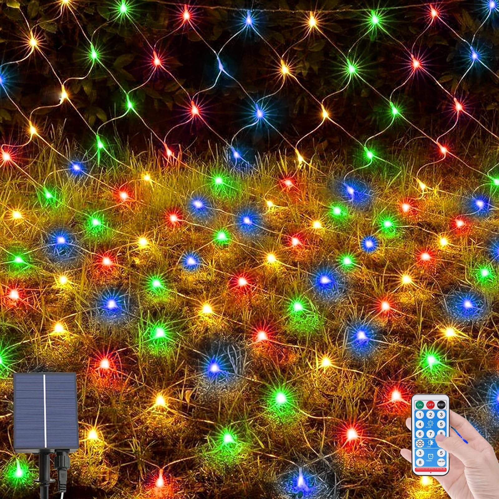 OPAHUTER 96LEDs Solar Net Lights Outdoor, 4.9 x 4.9 Ft Waterproof Mesh Fairy Lights with 8 Modes, Remote Control, Copper Wire Net Lights for Christmas Tree Lawn Fence Bushes Wall