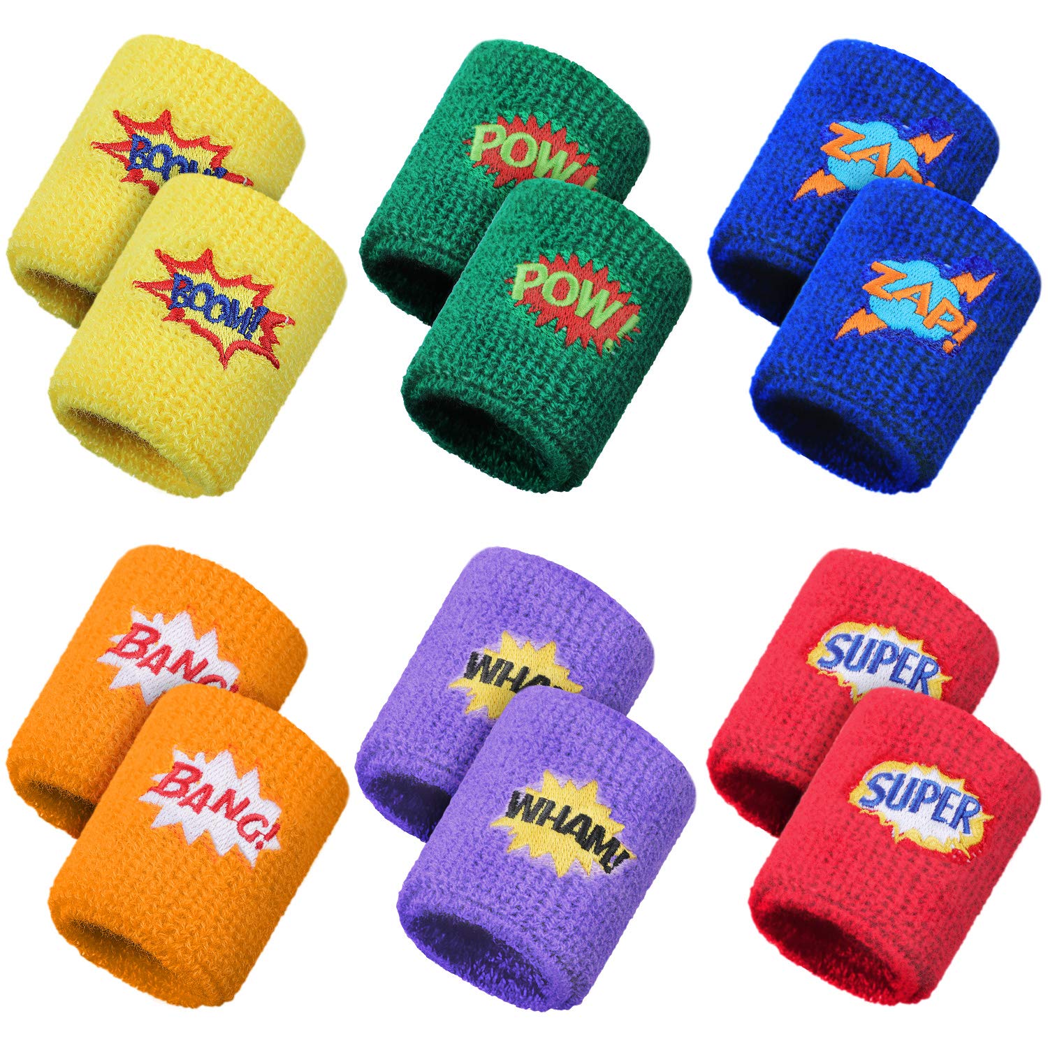 Gejoy 24 Pieces Kids Sports Wristbands Colorful Wrist Sweatbands Terry Cloth Wristbands with Pow Zap Design for Sports Birthday Basketball Party Favors, 6 Styles