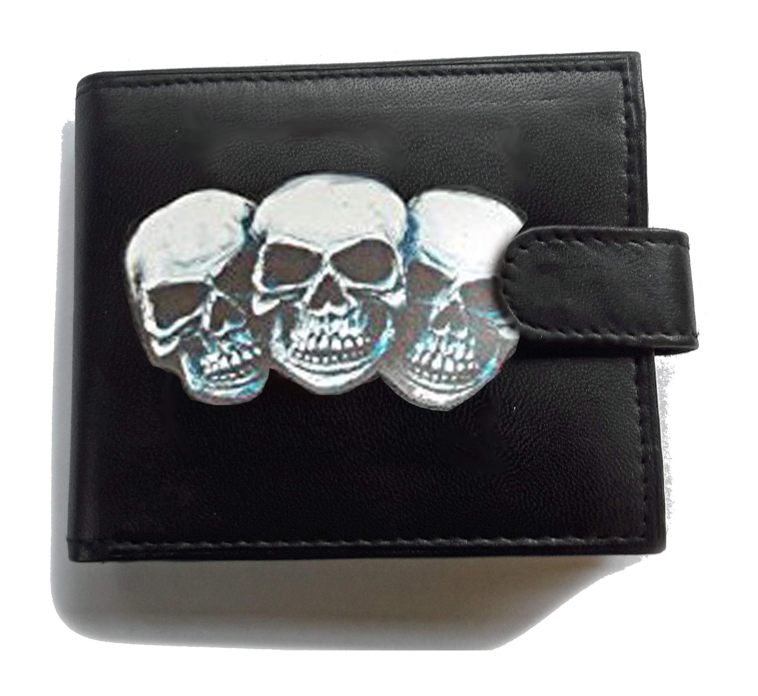 Stoneys Badges 3 Skulls Wallet Anti RFID Theft Wallet Black Soft Leather Large Coin Pocket