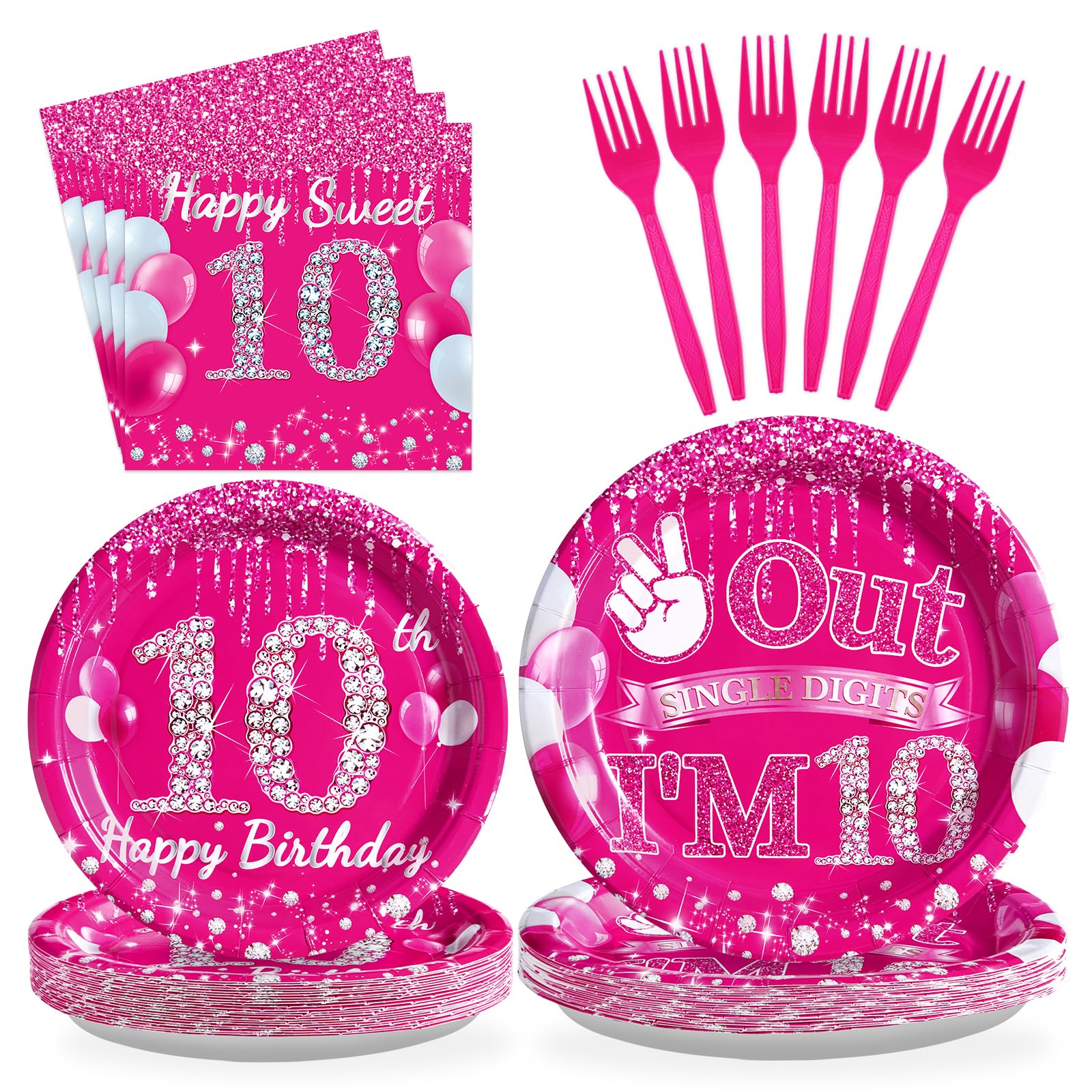 Photo 1 of Grencian 96Pcs 10th Birthday Decorations for Girls Hot Pink 10th Birthday Party Plates Disposable Double Digits Paper Tableware for Girl 10 Year Old Happy Birth-day Party Supplies, Serves 24
