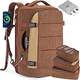 Tzowla 40L Canvas Expandable Travel Laptop Backpack for Men Women Carry on Flight Approved,Large Capacity Anti Theft Backpacks with USB Port,Vintage Personal Item Bag Fit 17.3" Laptop(Brown & Khaki)