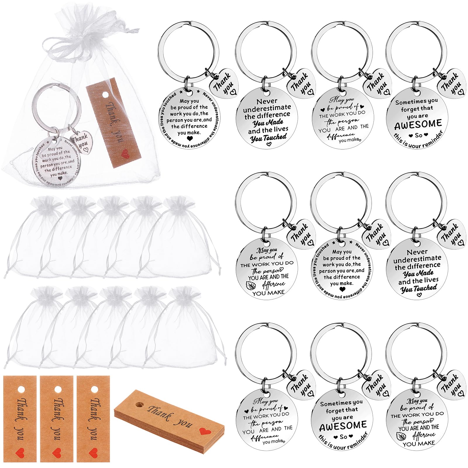 WWmily 30Pcs Thank You Keychain Gifts,10 Pcs Thank You Keyring Heart Inspirational Keychain 10 Pcs Thank You Cards 10 Pcs Organza Bags Employee Appreciation Gift for Coworker