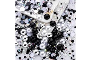 MYYKO 60g Black White Pearls Rhinestones for Crafts Mixed Size 3mm-10mm AB Color Round Half Pearls Flatback Pearl Beads and Resin Rhinestones Set for Face Art with Glue