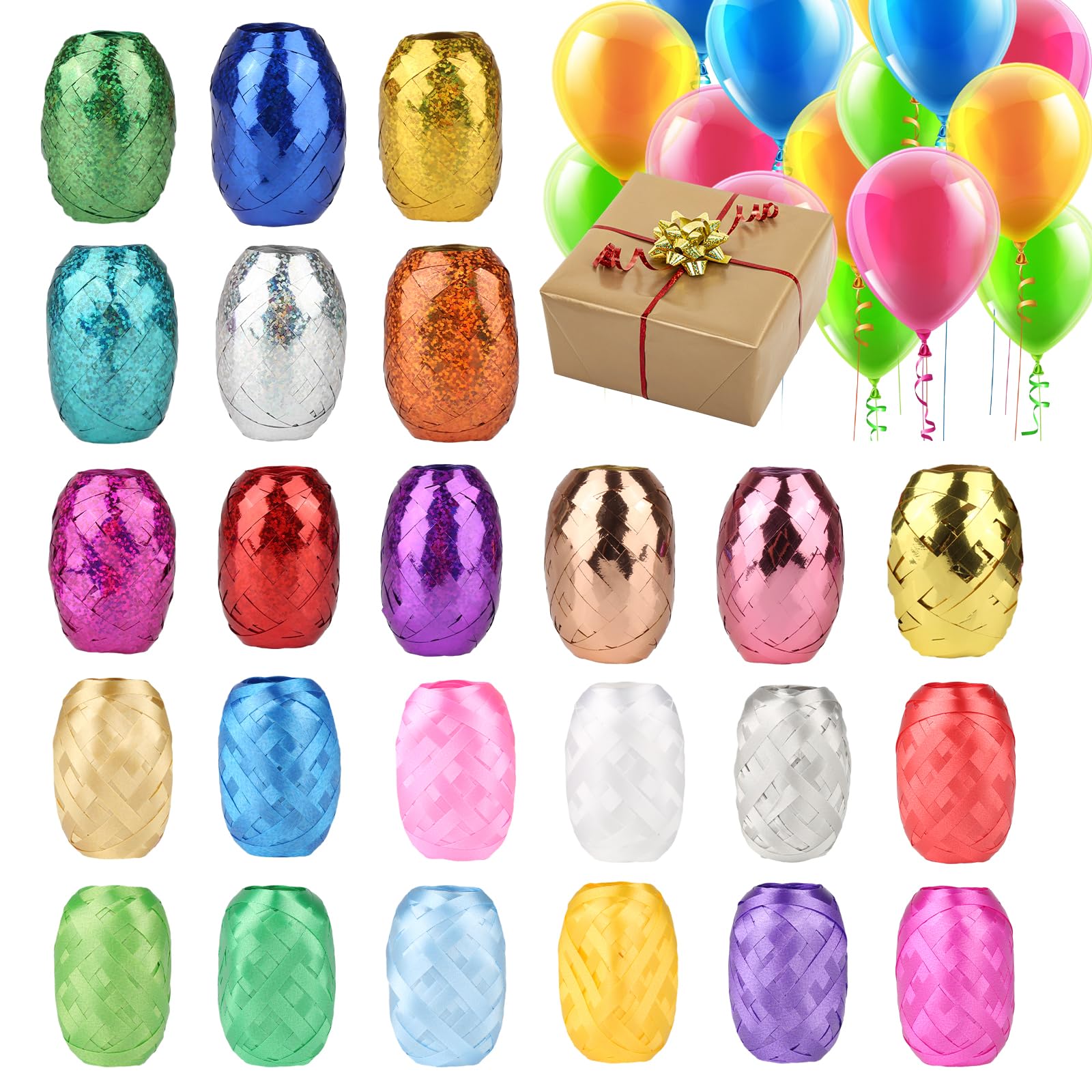 24 Rolls of Gift Ribbon Set, 10 m per Roll Curling Ribbon Colourful, Curling Ribbon Roll Gift Ribbons Set for Wedding Party Festival Decoration Craft Gift Packaging Balloon Decorations