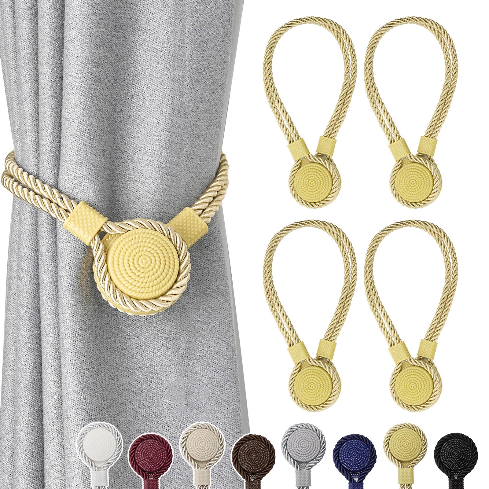 Pretty Jolly 4 Pack Strong Magnetic Curtain Tiebacks Unique Medal shape Decorative Drape Tie Backs Elegant Hand-Woven Rope Curtain Holdbacks for Home & Office Draperies Decor (Gold)