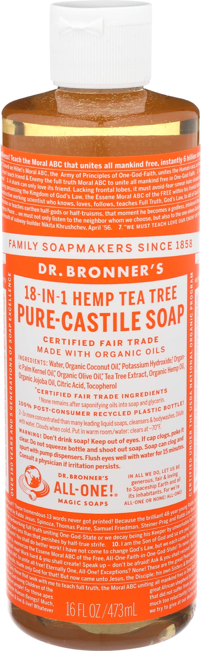 Dr Bronner's 18-in-1 Pure Castile Liquid Soap, Made with Organic Oils, Used for Face, Body, Hair, Laundry, Pets and Dishes, Certified Fair Trade & Vegan Friendly, 473ml Recycled Bottle