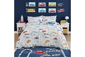 Mooreeke Bed in a Bag for Kids Boys Teens, 6 Pieces Twin Size Comforter Bed Set with Shams, Sheet Set and Decorative Toy Pillow, Cars White Super Soft Microfiber Kids Comforter Bedding Set