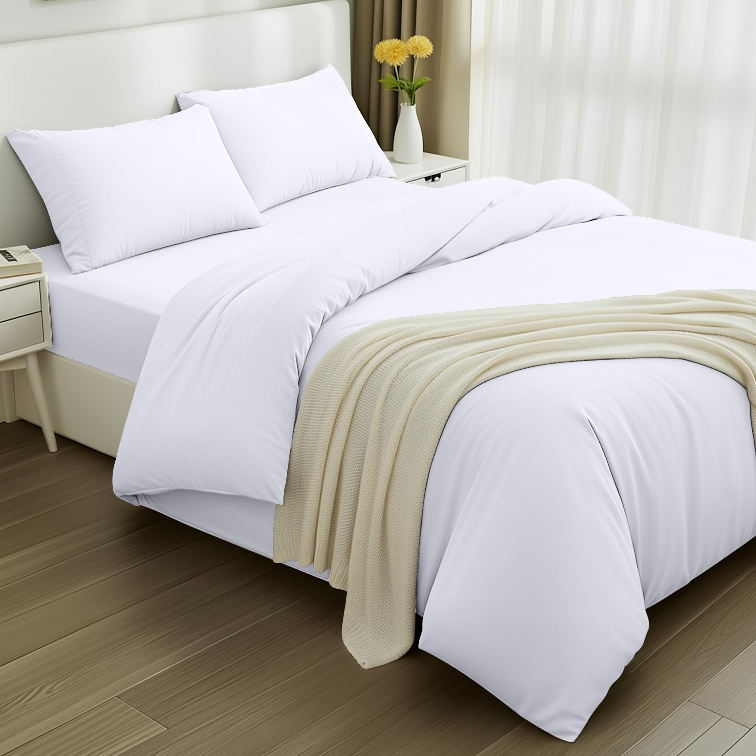 Utopia Bedding 4 Piece King Bedding Set - Duvet Cover, Fitted Sheet with Pillow cases - Soft Brushed Microfiber (White)