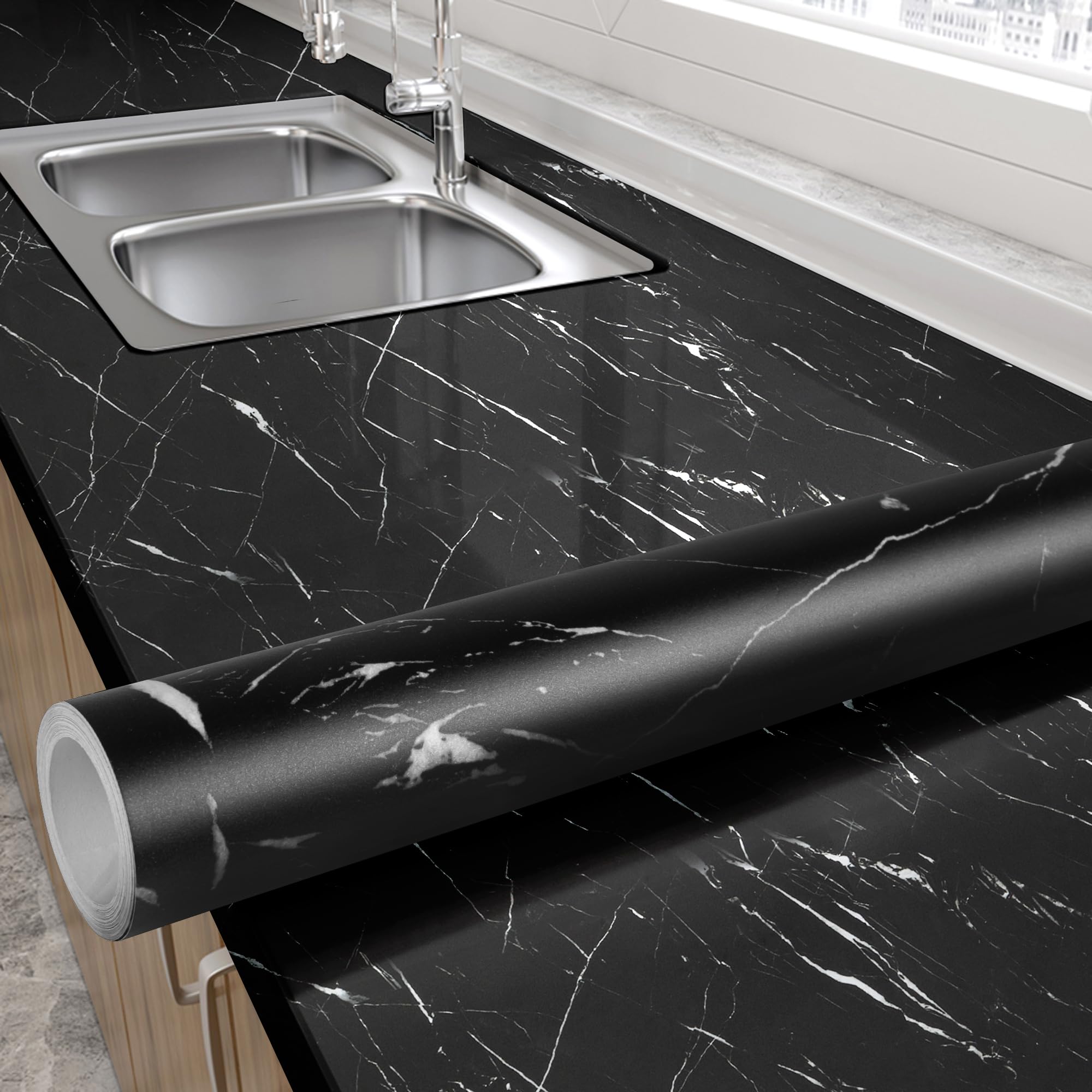 Photo 1 of LXCREAT Black Marble Contact Paper Peel and Stick for Kitchen Countertop, Matte Wallpaper Removable Self Adhesive Vinyl Waterproof Roll 15.7”×118" for Cabinets Wall Covering Easy to Clean