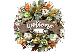 EGOLOT 22 Inch Fall Pumpkin Wreath for Front Door with Maple Leaves Berries, Lamb Ears Leaves Welcome Wreath for Indoor and Outdoor, Festival Decorative Wreath