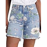 Flamingals High Waisted Denim Shorts for Women Floral Pattern Stretchy Mid Thigh Raw Hem Jean Shorts Summer Trendy