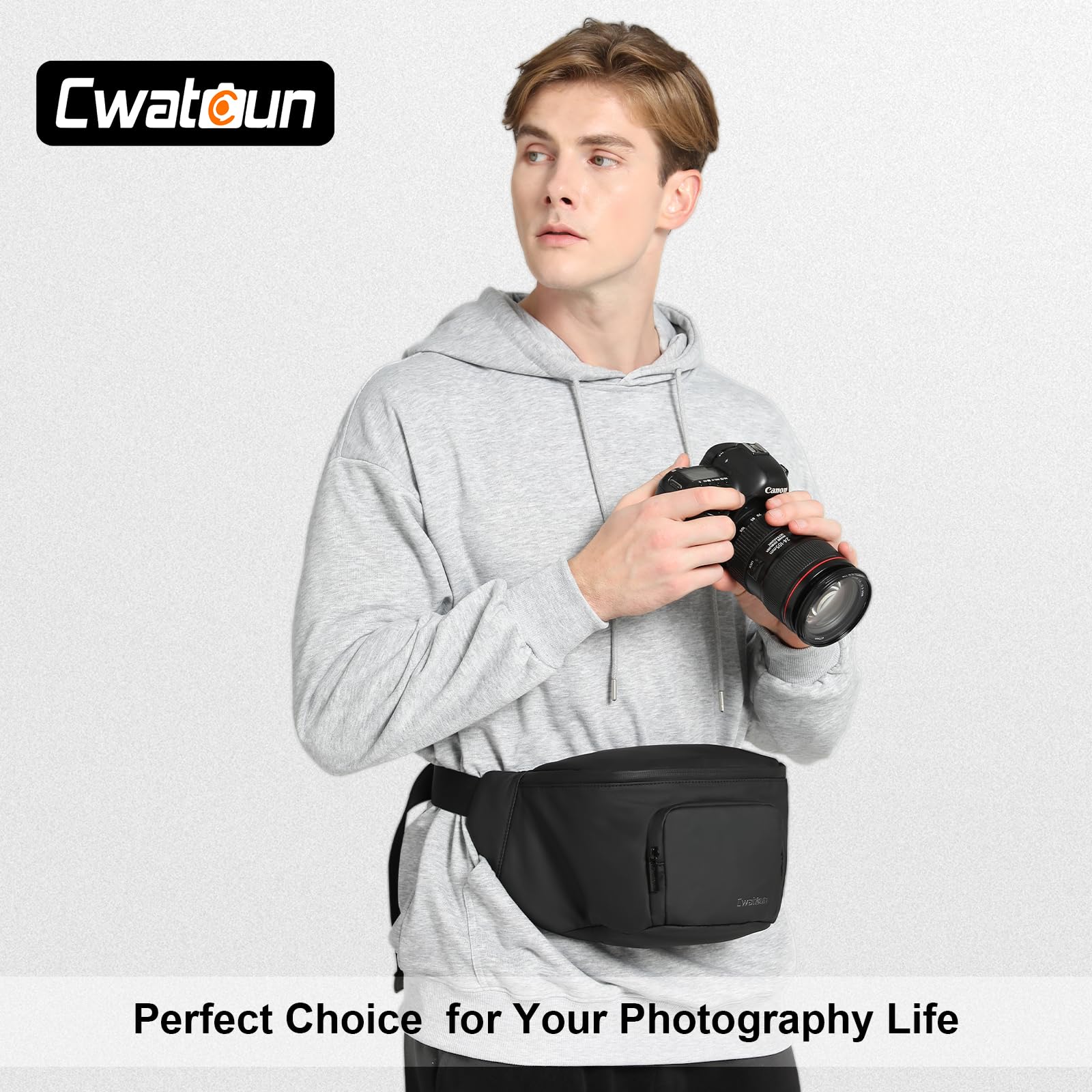 Cwatcun Waterproof Camera Waist Bag Compact Camera Case, Lightweight Portable Fanny Pack, Daily Carry Storage Case Crossbody Bag for Canon, Nikon, Sony, Fuji DSLR/SLR/Mirrorless Camera, Lens, Black