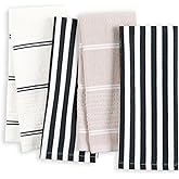 Kate Spade New York Botanical Stripe Kitchen Towels 4-Pack Set, Absorbent 100% Cotton, Black/Beige, 17"x28"