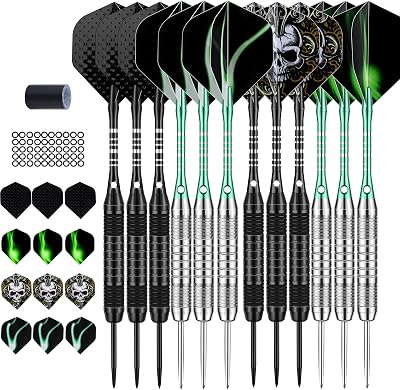 DARTSPACE 12 Pack Steel Tip Darts Set with Black Green Aluminum Shafts 24g